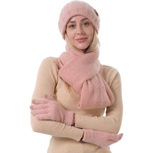 Women's Pink Warm Knit Beanie Hat Touchscreen Gloves Long Neck Scarf Set - Picture 6 of 6